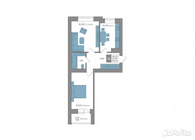 2-к квартира, 57.7 м², 4/9 эт.