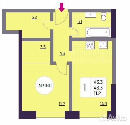 1-к квартира, 43.3 м², 21/22 эт.