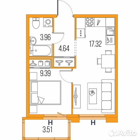 1-к квартира, 35.3 м², 12/22 эт. 1-к квартира, 35.3 м², 12/22 эт.