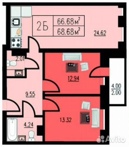 2-к квартира, 68.7 м², 5/8 эт.