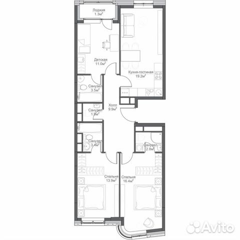 3-к квартира, 87.2 м², 11/16 эт.