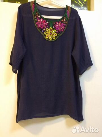 Синяя х/б блузка с орнаментом и трикотажные брюки