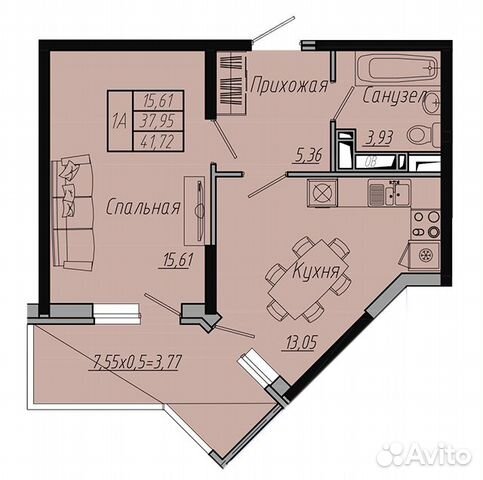 1-к квартира, 41.7 м², 5/20 эт. 1-к квартира, 41.7 м², 5/20 эт.