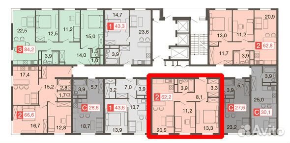 2-к квартира, 62.2 м², 25/25 эт.