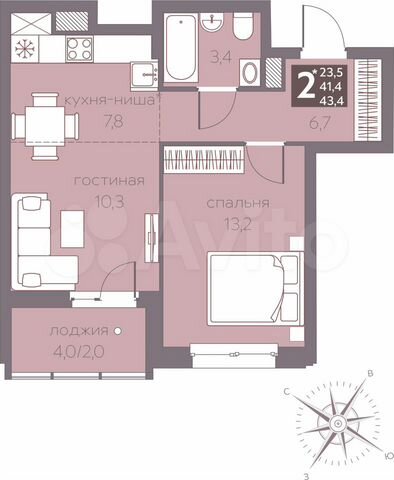2-к. квартира, 43,4 м², 5/16 эт.