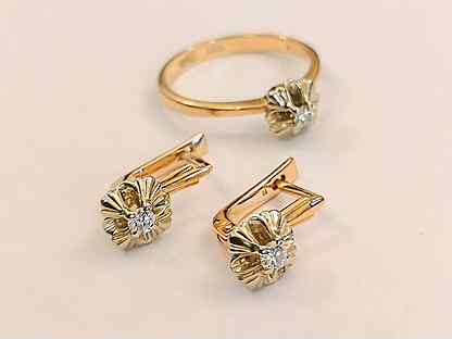 Золотые серьги и кольцо Тюльпаны с бриллиантами