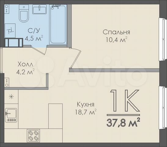 1-к. квартира, 37,8 м², 9/9 эт.