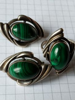 Серьги кольцо малахит серебро СССР винтаж комплект