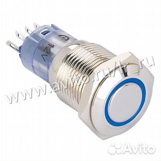 Выключатель круглый 16мм с фиксацией синяя подсвет