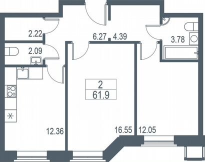 2-к квартира, 61.9 м², 20/21 эт.