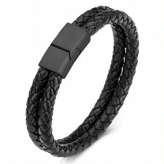 Браслет кожаный двухслойный черный Black LTH189