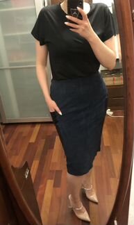 Юбка синяя замшевая с лаковыми карманами миди 46 р