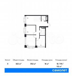 3-к апартаменты, 62.1 м², 4/24 эт.
